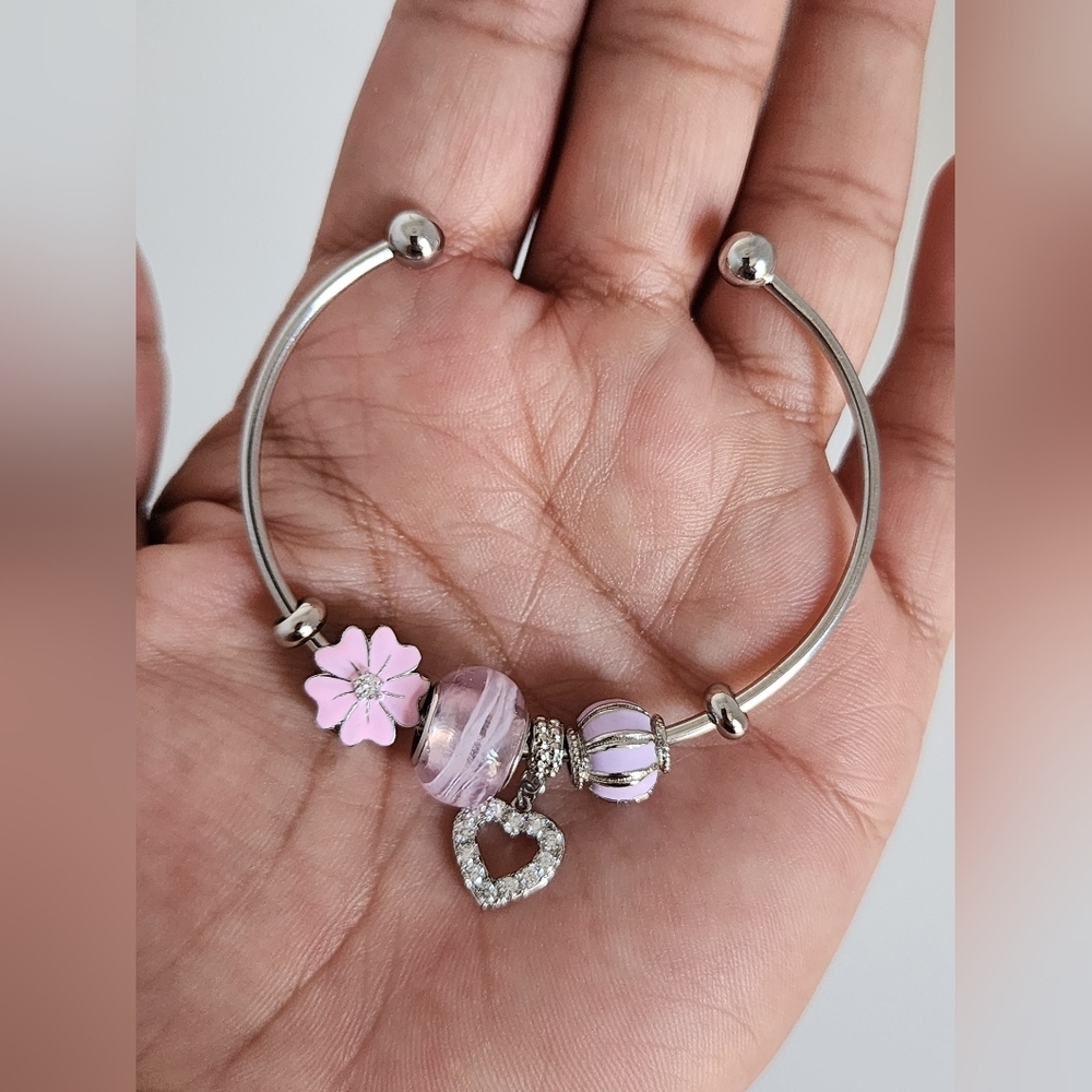 Silver Color Gold Plated Charm Bracelet Pink Crystal Beads Heart Charm Adjustabl - Picture 3 of 6